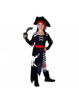 Children's pirate costume with a skull (dress with belt and sleeves, hat)